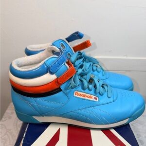 Women’s High Top Reebok Classic Blue Sneakers with Orange and white Strap